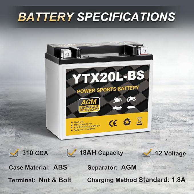 YTX20L-BS 12V 18Ah Motorcycle Battery, 310CCA Sealed AGM Maintenance Free Powersport Battery, Replacement for ATV, UTV, Harley, Scooter