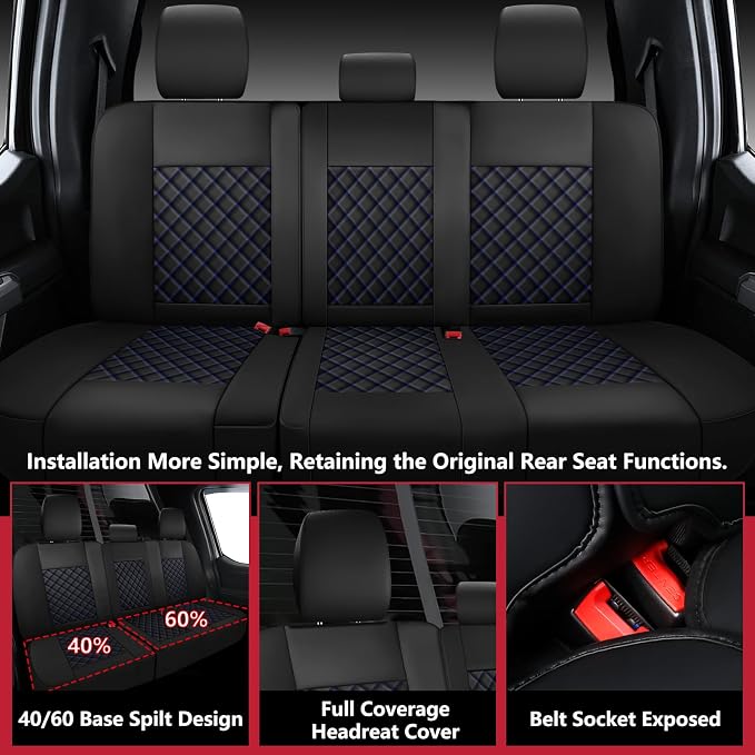 F150 Seat Covers 2015-2026 Full Set, Truck Interior Sets with Lumbar Support Custom Fit for Ford F150 2015-2026, F250/F350/F450 2017-2026 Super Duty Crew Cab XLT XL Lariat Platinum, BlackBlue