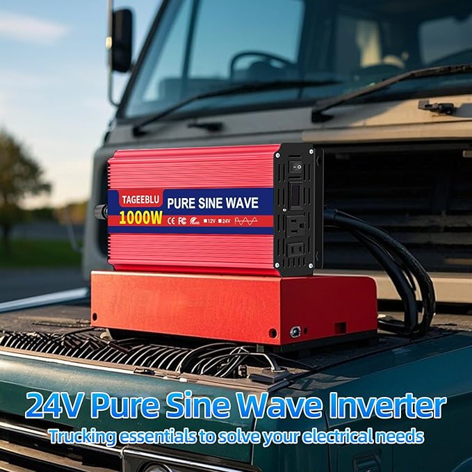 1000W Pure Sine Wave Inverter - 2000W Surge Peak, 24V DC to 110V AC Heavy Duty Power Inverter for RV, Truck, Home, Solar, Off-Grid, Outdoor, Car Converter with Dual AC Outlets and LCD Display