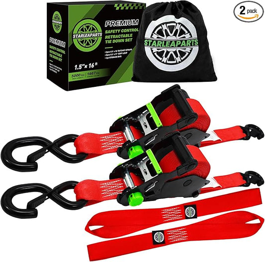Retractable Ratchet Straps (2pk) -Patented | 1.5 in x 16 ft Heavy Duty Auto Ratchet Straps with Soft Loops | Perfect Automatic Tie Downs for Motorcycle,Kayak and Truck | Break Strength 5,000LBS/2268KG