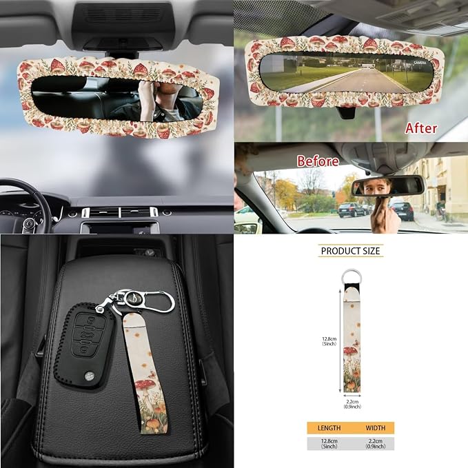 Cottagecore Mushroom Butterfly Daisy Car Seat Covers 15Pcs Full Set Car Steering Wheel Cover Seat Belt Cover Trash Bin Air Vent Storage Box Rear View Mirror Car Cup Holder Keychain
