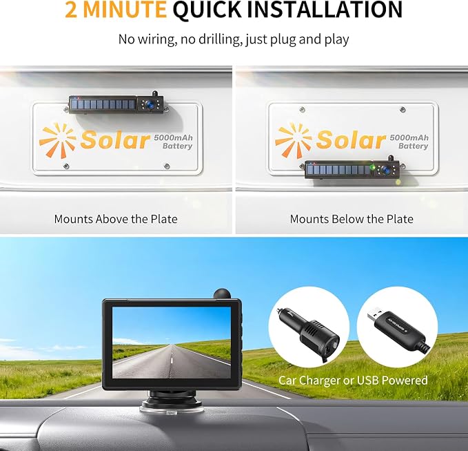 Solar Wireless Backup Camera with 5" 1080P Monitor,Auto On Off, 2-Min DIY Installation, 180° Adjustable Camera, Anti-Theft, Split Screen, IP69K Waterproof for Car Truck RV
