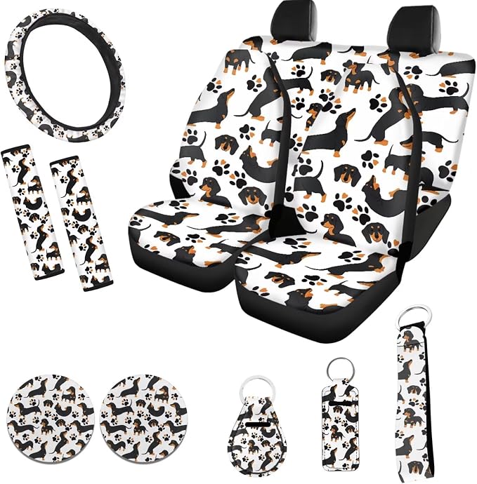 Black Dachshund Dog Car Seat Covers 12 Pcs Full Set Dog Lover Car Interior Set Durable Auto Steering Wheel Cover Dog Paw Seat Belt Pads Chapstick Holder Keychain for Women