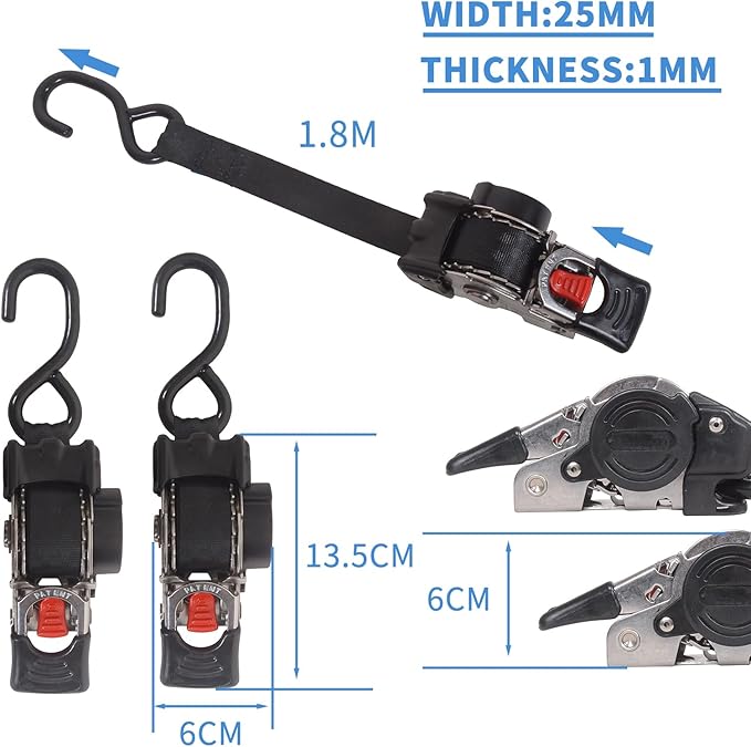 2 Pack Retractable Transom Straps (1" x6'), Stainless Steel Boat Tie Down Straps to Trailer, Salt Water Corrosion Resistant Bolt-On Ratchet Strap for Boats, Motorcycles, ATVs, UTVs,Cargo