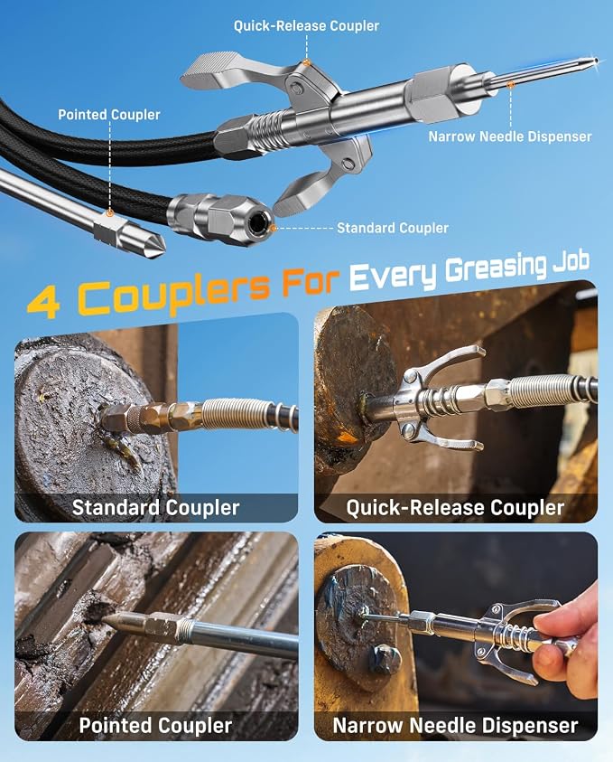 Seesii Electric Grease Gun, 5.8 oz/min Fast Flow Cordless Grease Gun with Auto Lock-On Trigger, 48" Hose, Standard & Quick Release Couplers, Needle Dispenser, Pointed Tip for Tractor & Heavy Equipment | Battery Powered, Auto Faster Greasing, Multi-Coup...