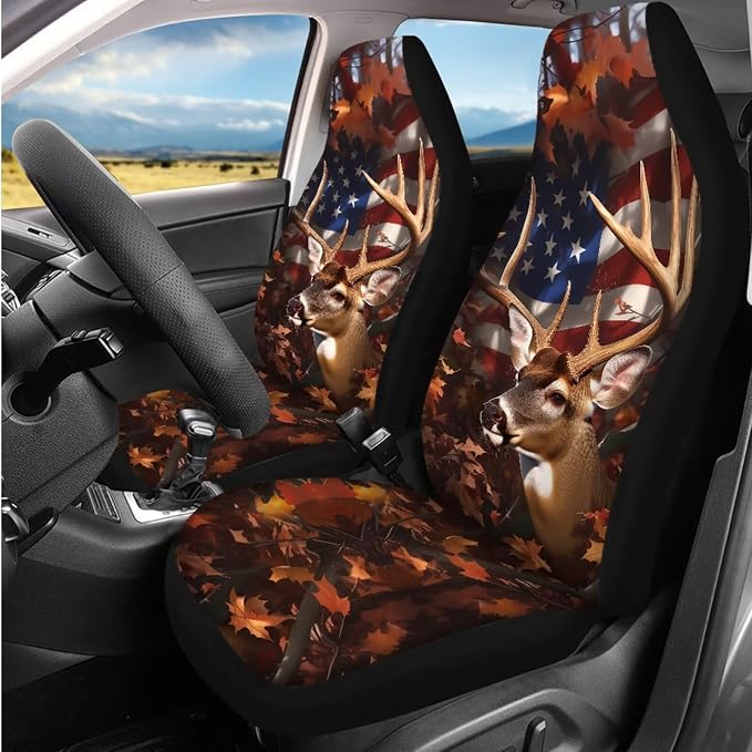 Bulopur Deer Hunting Camo Auto Seat Covers Front And Backseat with Patriotic Automotive Steering Wheel Cover Cloth Armrest Cushion Pad Anti-Scratch Seat Headrest Cover 14 Piece Car Interior Decor Set