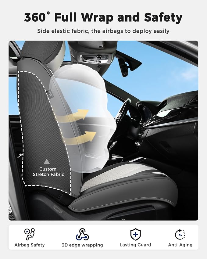 Huidasource Universal Car Seat Covers, Waterproof Faux Leather, Airbag Compatible, Easy Install, Preserve Cup Holders and Seat Functions, Great for Daily & Outdoor Use, Gray & White