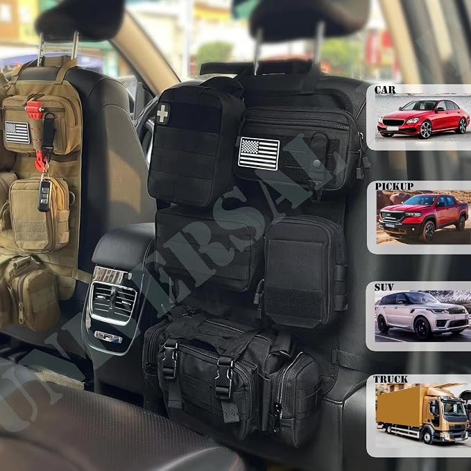 6 Pack Tactical Molle Car Seat Back Organizer - Tactical Vehicle Panel Organizer with 5 Detachable Molle Pouch,US Flag Patch and Keychain,Car Backseat Organizer,Great Trunk Accessories for Man