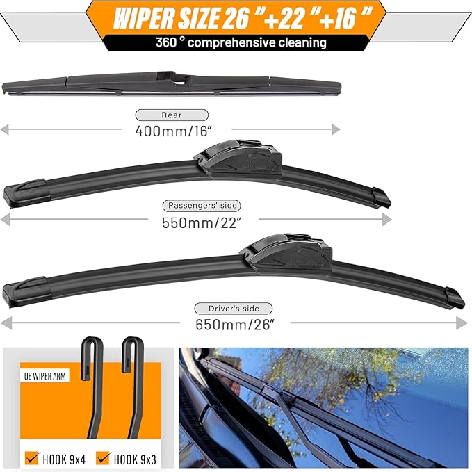 AUTOBOO 26"+22" Windshield Wipers with 16" Rear Wiper Blade Sets Replacement for 2010 2011 2012 2013 2014 2015 Lexus RX350 RX450h-Original Factory Quality (Pack of 3)