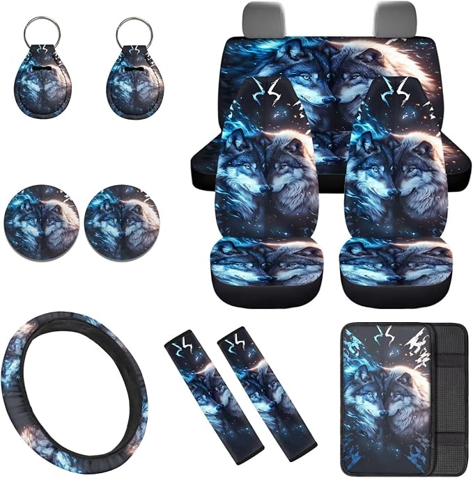 Cool Wolf 12 Pcs Car Seat Cover Set with Auto Steering Wheel Cover Armrest Cushion Cup Coasters Protector Seat Belt Covers,Automotive Interior Sets Universal Fit Most Cars SUV