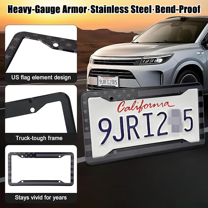American Flag License Plate Frames Holder - 2 Pack Stainless Steel Rustproof USA Patriotic Car Tag Cover Holder with Free Screws Accessories + Metal Stickers & Keychain & Cup Holder Mats, Black Gray