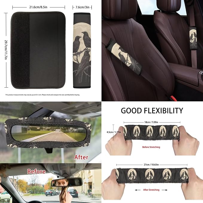 Suobstales Raven Moon Print Cars Seat Covers Full Set of 13,Car Accessories Steering Wheel Cover + Seat Belt Covers Pads + Rearview Mirror Cover + Car Trash Can + Coasters + Keychains