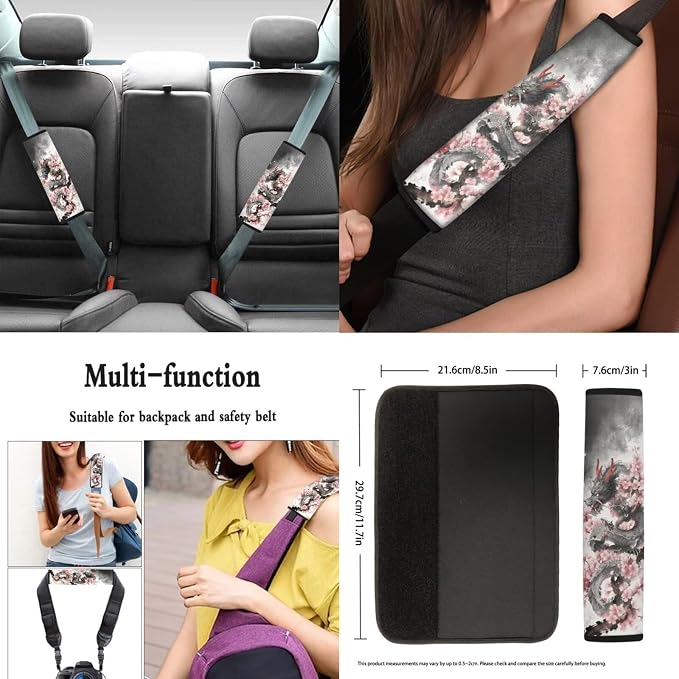 Cool Dragon Cherry Blossom Print Car Accessories Car Seat Covers Full Set with Steering Wheel Covers+Seat Belt Pads+Coasters+Keychain+Lipstick Holder Universal Fit 13 Pack
