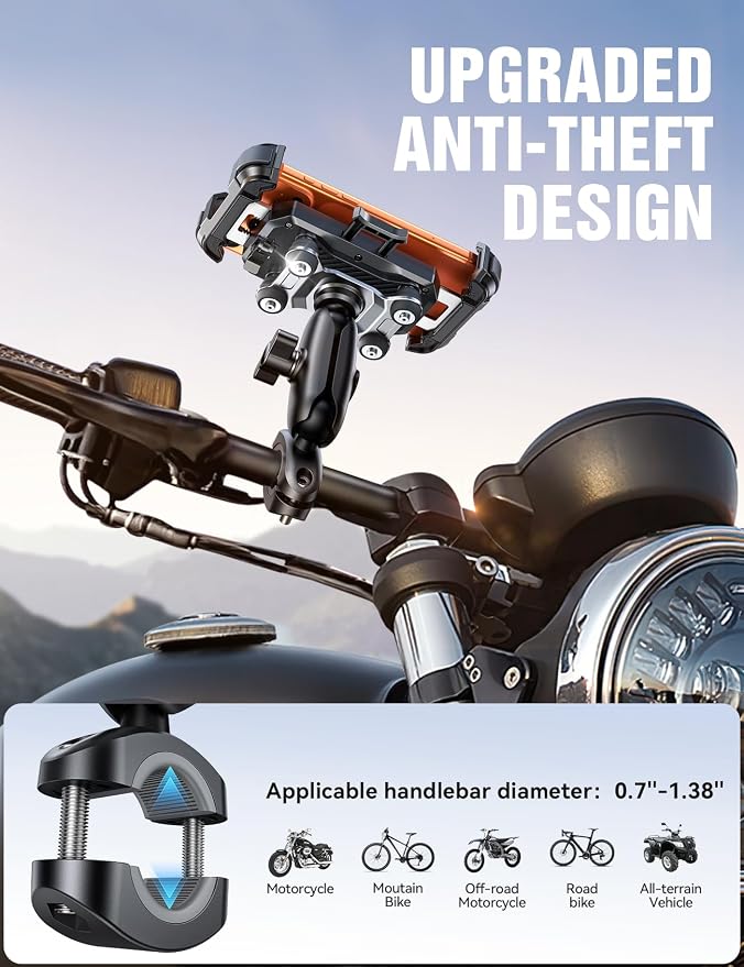 JOYROOM Motorcycle Phone Mount Holder - [Dual Vibration Dampener]100mph Anti-Shock Phone Holder for Motorcycle [Metal Extension Handlebar Clamp] Bicycle Bike Phone Holder Mount for 4.7-7" Cell Phones