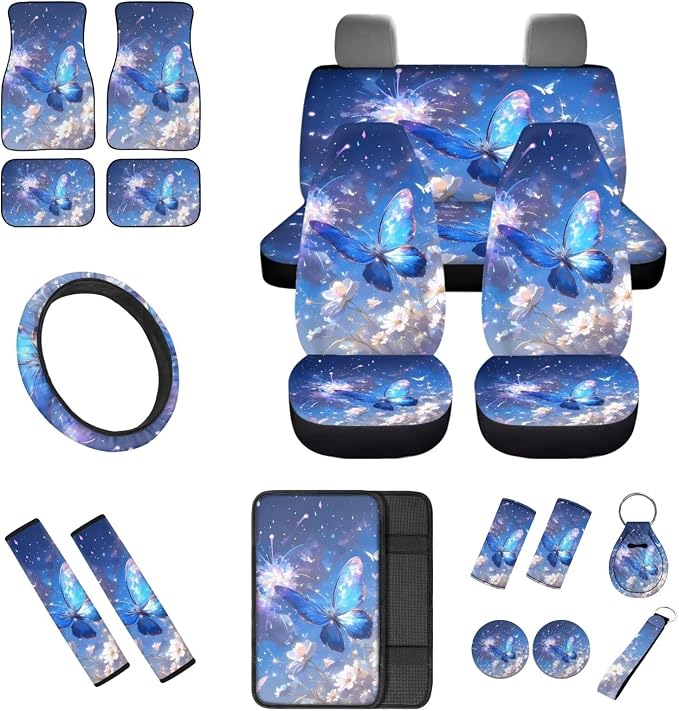 18 Pcs Blue Butterfly Car Interior Accessories Set for Women, Car Seat Covers Full Set with Floor Mats Steering Wheel Cover Armrest Pad Seat Belt Pads Handle Wraps Keychain Cup Coaster