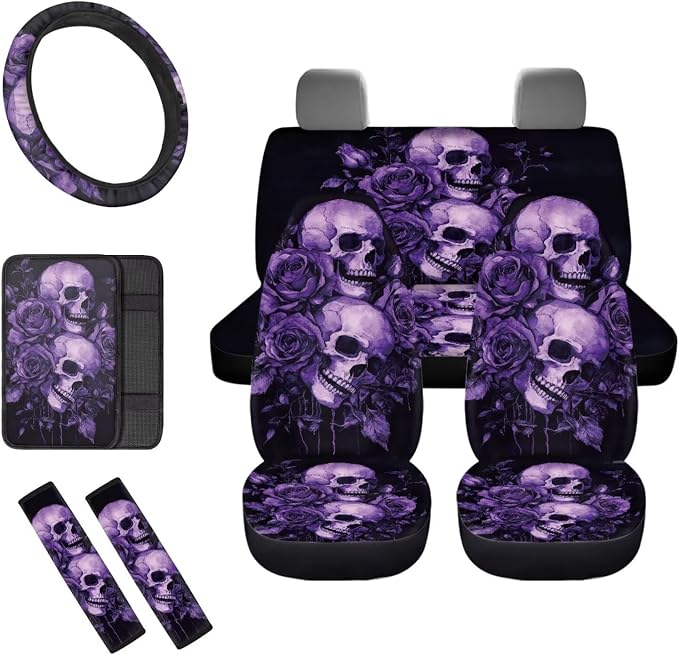 Purple Rose Skull Car Seat Covers Set for Women Universal Full Set with Steering Wheel Cover Armrest Pad Seatbelt Covers for Auto SUV Interior Decoration