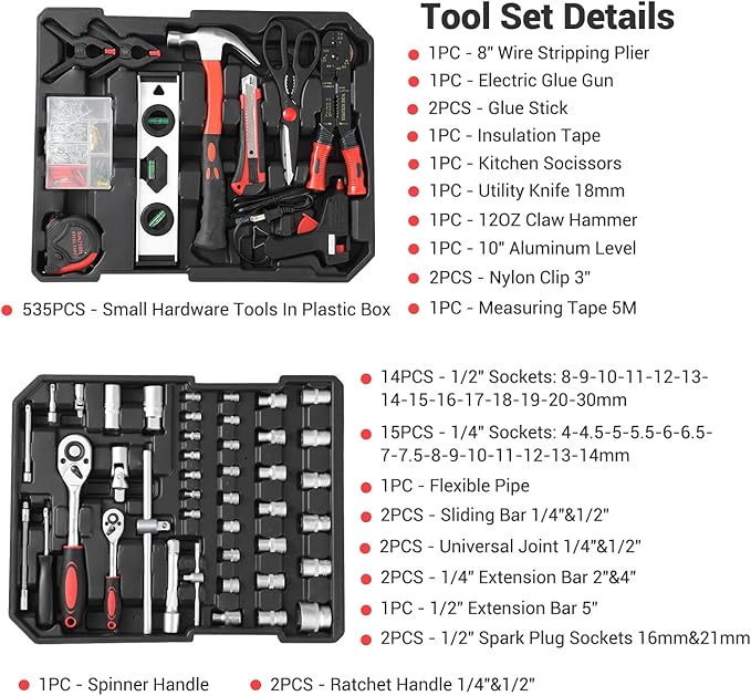 800-Piece Tool Kit with Aluminum Trolley Case, Mechanics Socket Set with Wrenches & Complete Hand Tools, Portable Repair Tool Box for Home, Auto, DIY & Garden Maintenance