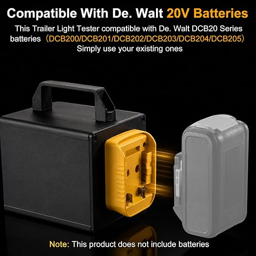 Portable Trailer Light Tester Box Compatible with De. Walt 20V Battery, Wireless Remote Control Operation, Fit for 7-Way Round & 3/4/5 Flat Pin Type