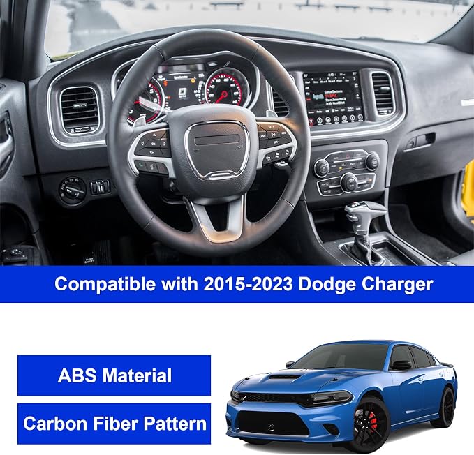 12PCS Carbon Fiber Interior Cover Kit Compatible with 2015-2023 Dodge Charger, Gear Shift Panel Cover Cup Holder Cover AC Air Vent Cover Headlight Switch Panel Cover Steering Wheel Cover