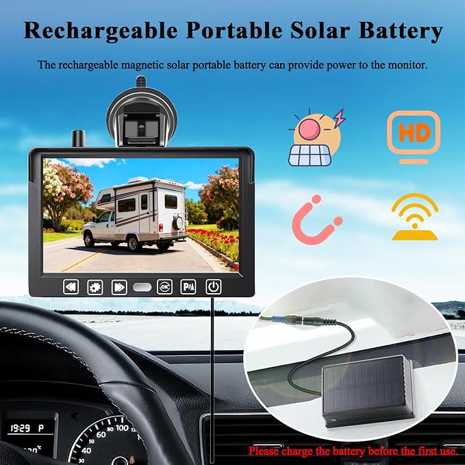 Magnetic Wireless Backup Camera, LASTBUS Solar Portable Truck Trailer Rear View Camera + 5" 1080P HD Monitor No Wiring Waterproof Night Vision Backup Camera System for Car RV Camper 5th Wheels
