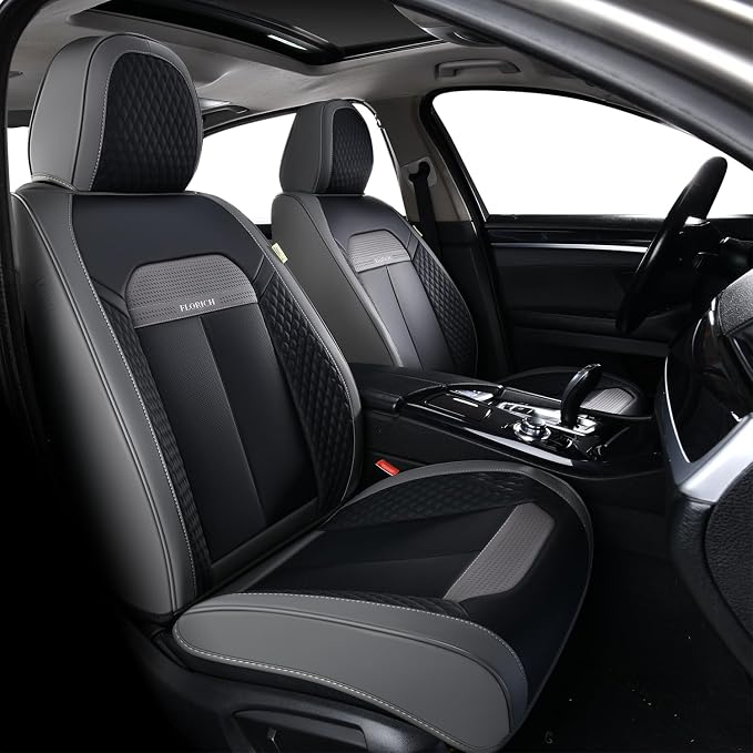 FLORICH Car Seat Covers Front Set, Black Car Seat Cover, Breathable Premium Leather Seat Covers, Automotive Vehicle Seat Covers for Cars Trucks Vans SUVs Sedans (Grey Black)