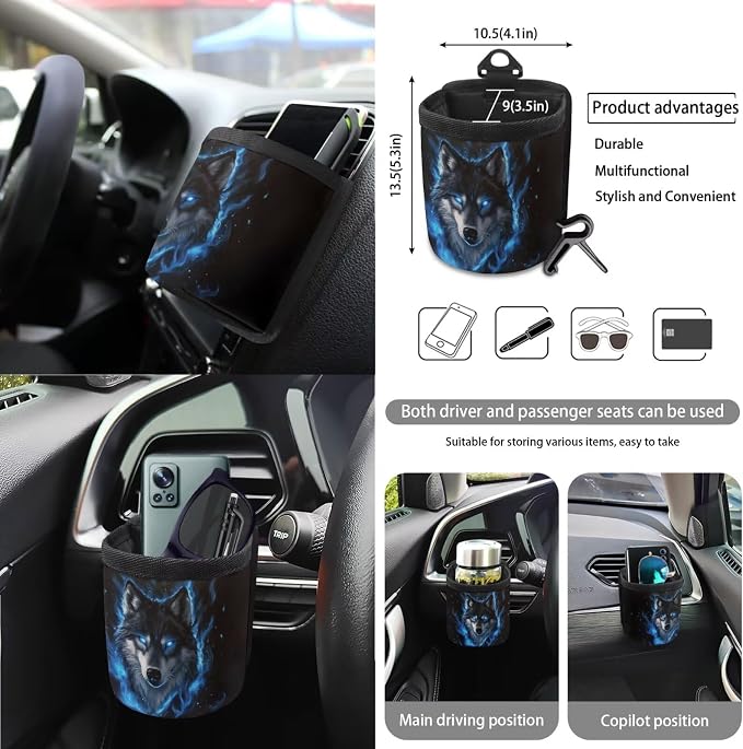 Wolf Flame Print Car Accessories Sets Wild Camo Car Seat Cover Steering Wheel Cover Seat Belt Pads Trash Cans Universal fit for SUV,Van,Saden,Truck Automobile Interior Sets, 15 Pcs, Black