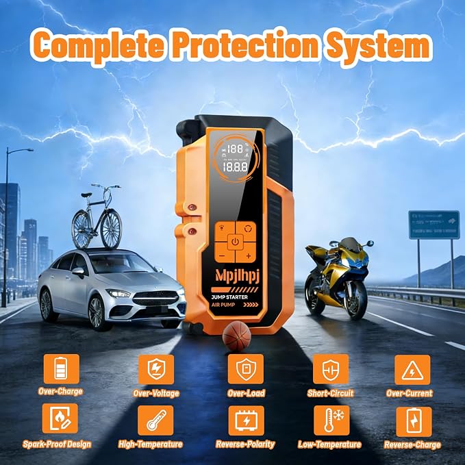 Jump Starter with Air Compressor, 4000A Battery Jumper Starter Portable (8L Gas/6L Diesel) with 150PSI Auto-Shutoff Tire Inflator, 12V Jump Box Car Battery with Lights,Gloves,Car Emergency Kit