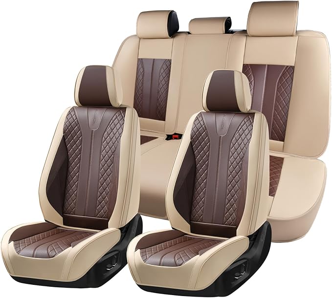 FLORICH Front and Back Seat Covers for Cars Leather Car Seat Cover Full Set 5 Seats Waterproof Seat Protector Automotive Seat Covers Carseat Cover Universal Fit for Most Cars SUV Trucks, Beige&Coffee