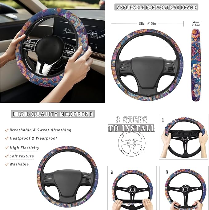 Boho Floral Dragonfly Auto Interior Accessories Car Seat Covers with Auto Steering Wheel Cover Seat Belt Covers Car Trash Can View Mirror Cover Coaster Keychains