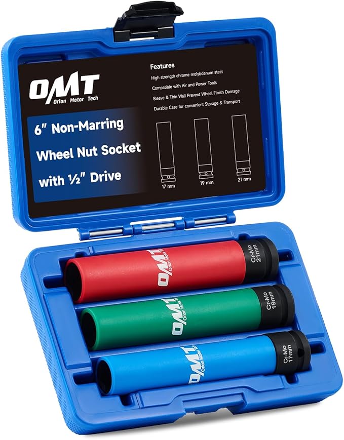 Orion Motor Tech 5pc 1/2" Drive Lug Nut Socket Set, Metric 17 19 21 mm & SAE 13/16 7/8 in. Wheel Socket Set and 3pc 1/2" Drive Extra Long Impact Sockets with 17mm 19mm 21mm Metric Sockets, Bundle