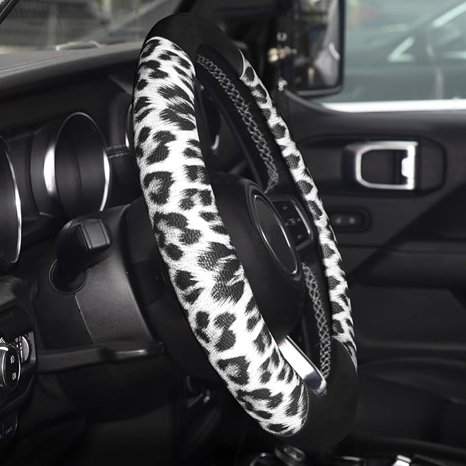 White Leopard Steering Wheel Cover, Universal 14.5-15 inch Breathable Microfiber Leather Anti-Slip Car Steering Wheel Protector for Women Men,Fit for Most Car, Trucks, SUV