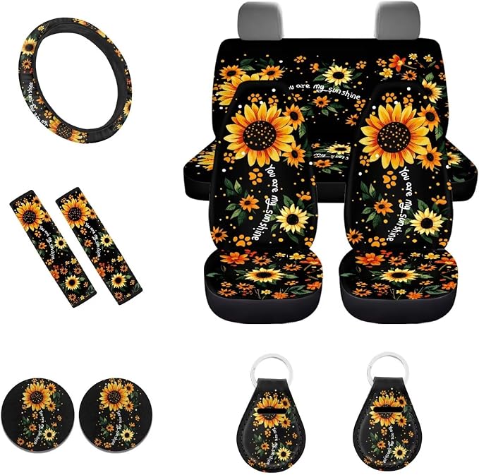 POLERO Sunflower Car Seat Covers for Women Floral Steering Wheel Cover You are My Sunshine Seatbelt Covers with Dog Paws Print Coasters Cute Keychains, 11pcs