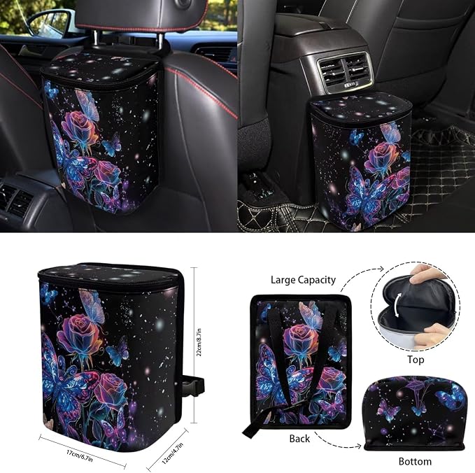 15 Pcs Rose Butterfly Car Seat Cover Full Set for Women with Car Steering Wheel Cover Seat Belt Cover Trash Bin Front Rear View Mirror Car Cup Holder Keychain