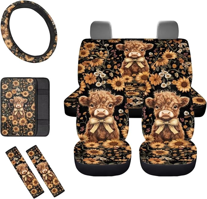 8 Pcs Sunflower Highland Cow Car Seat Covers Full Set Car Accessories for Women Front Seat Cover Steering Wheel Armrest Cover Seat Belt Cover for Auto SUV Interior Decoration