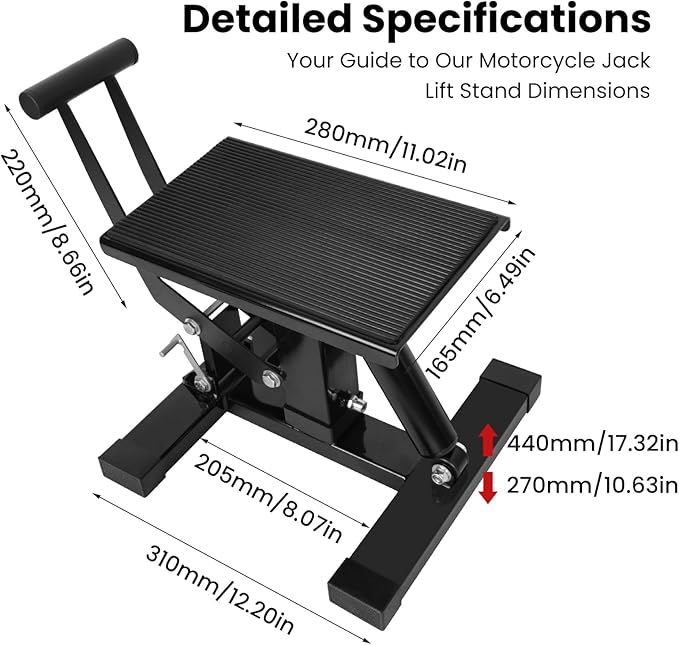 Motorcycle Jack Lift Stand 400 lbs Capacity, Heavy Duty Steel Hydraulic Dirt Bike Stand Lift with Adjustable Height Hoist Table for for Pit Bikes ATVs Maintenance, Motorbike Repair Accessories Tools