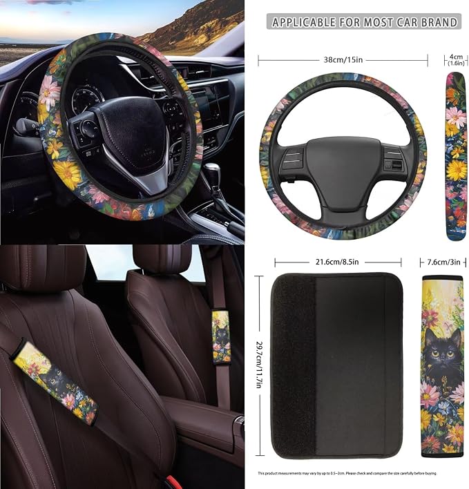 Cat Daisy Print Car Seat and Steering Wheel Cover Set with Safety Belt Pads Inside Rearview Mirror Cover Cup Cushions Trash Bin Car Vent Storage Pouch Key Chain Universal Fit