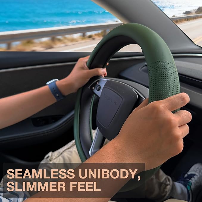 PINCTROT Nappa Leather Steering Wheel Cover for Tesla Model Y/3 Highland/Juniper, D Shaped 14 Inch Small Sized with Breathable Perforation, Fit Like Gloves, Flat Bottom 14 Inch(Nappa Green)