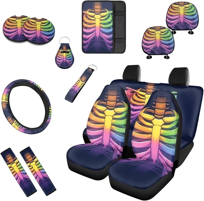 Rainbow Skull Pattern 13 Piece Car Seat Covers for Women Men LGBT Skeleton Print Steering Wheel Cover/Halloween Skulls Cup Coasters Seat Belt Pads Cover,Coasters