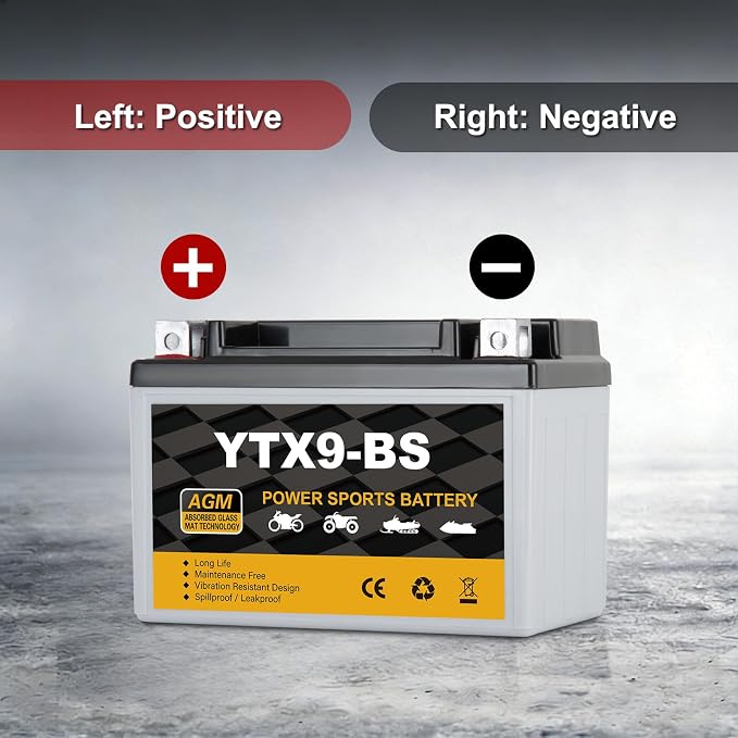 YTX9-BS Motorcycle Battery 12V 8Ah, 120 CCA Sealed AGM Rechargeable Maintenance Free Battery, Replacement for ATV, Scooter, Dirt Bike, ETX9, CTX9-BS