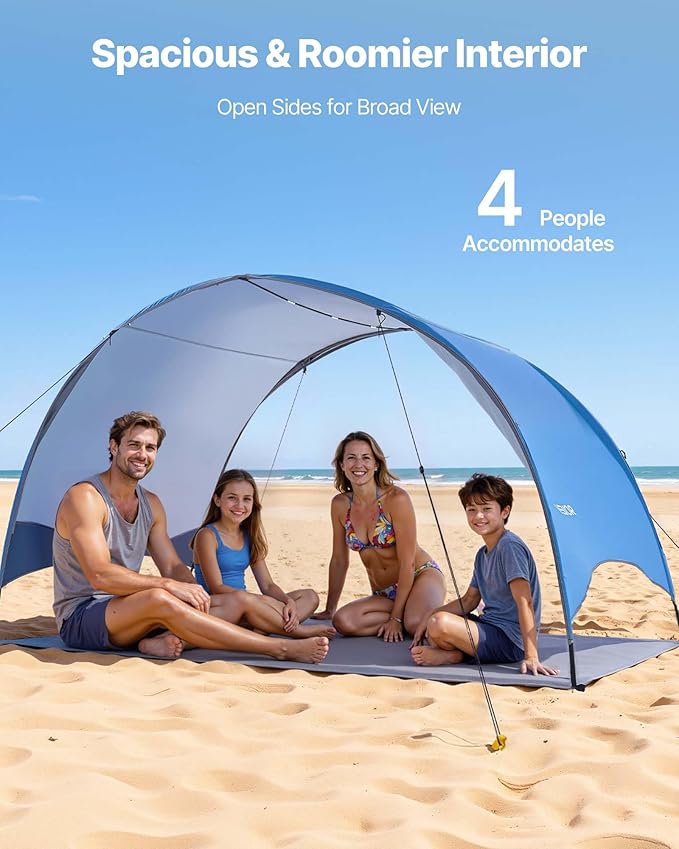 VEVOR Beach Tent Sun Shelter for 4 Person, UPF 50+, Portable Sun Shade Beach with Carrying Bag & Ground Stakes, Lightweight and Easy Setup Beach Umbrella for Camping Fishing Outdoor Picnic