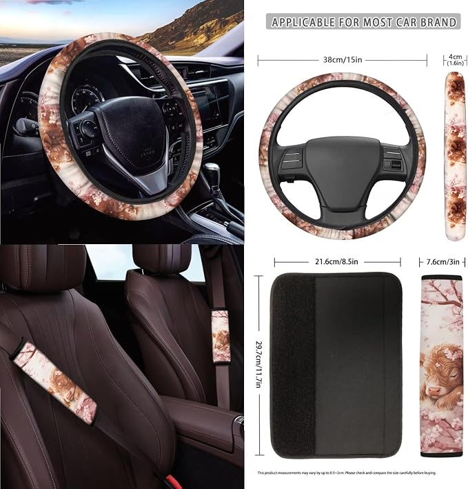 Highland Cattle Cherry Blossom Pattern Car Accessories Set of 15, Full Set Seat Covers Steering Wheel Cover Seat Belt Cushion Car Trash Can Air Vent Storage Bag Cup Coasters