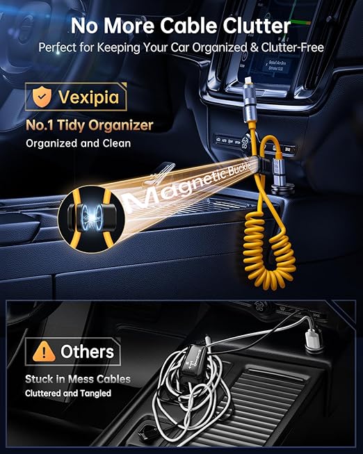 4-in-1 Coiled USB C Cable for Car 5FT [100W Fast Charging] Compatible with Lightning Cable [CarPlay & Android Auto] Multi Charger Cord Combo with L/Type C/USB A Ports for iPhone/iPad (Yellow)