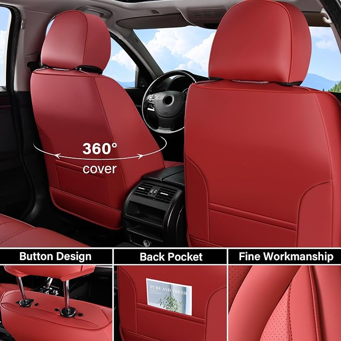 Coverado Waterproof Nappa Leather Car Seat Covers Full Set 5-Seat Car Seat Protector Front & Rear Cushions Fit for Most Sedans SUVs Pick-up Trucks Red