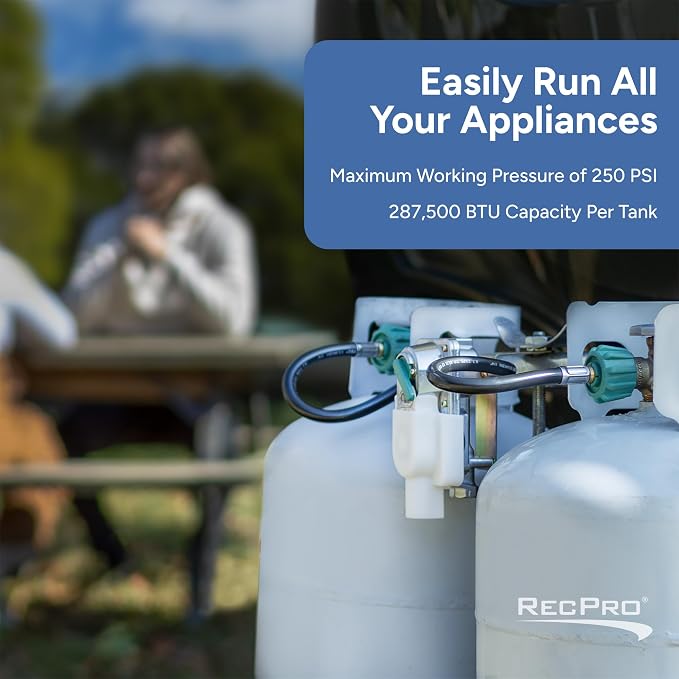 RecPro RV Propane Gas Regulator 2-Stage Auto Changeover | 11.5" Pigtail Hose Connector | 250 PSI | 287,500 BTU | Mounting Bracket & Cover | For RVs, Vans & Trailers