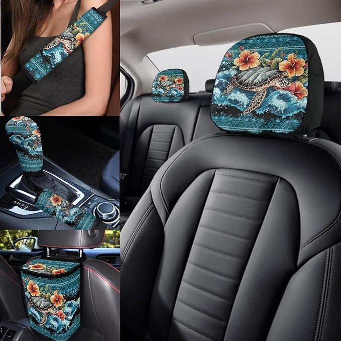 Sea Turtle Car Seat Covers Full Sets of 17 Pcs Navajo Sea Turtle Car Accessories Set for Women with Animals Print Auto Headrest Cover,Vehicle Trash Bag Universal Automotive Interior Decor