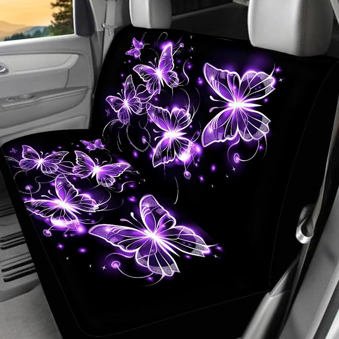 17Pcs Purple Butterfly Car Accessories Full Set for Women,Neon Butterfly Car Seat Covers Set for Front and Rear,Neon Butterflies Car Rubber Floor Mats Shoulder Pad Seat Belt Protector Set