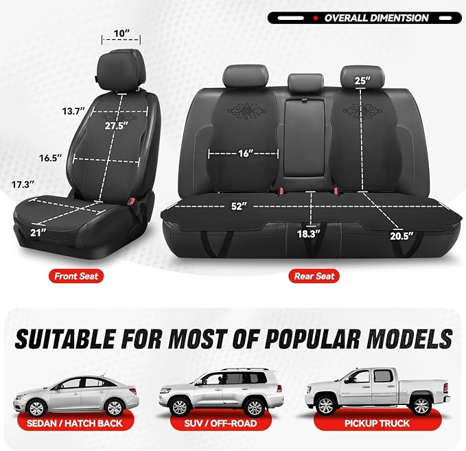 Auto Dynasty Car Seat Covers Full Set, Anti-Slip Automotive Interior Covers, Breathable and Comfort Car Seat Protectors, Airbag Compatible, Universal Fit Most Vehicles, Black (Protex Plus Series)