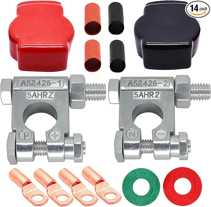 DLronwey Battery Terminal Connectors,Military Spec Positive Negative Heavy Duty Battery Terminals with 4 pcs 2 Gauge 3/8" Copper Lugs,4 Heatshrink,2 Cover and Anti Corrosion Washers
