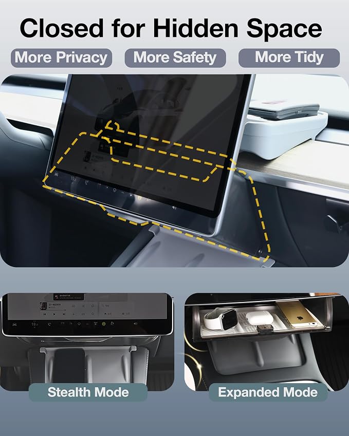 Tesla Hidden Under Screen Storage Box [One-tap Open & Smooth Damping Slides] Center Console Organizer for Model Y Juniper Model 3 Highland 2026~2016 (Fit New Model Y/3 Standard, Premium & Performance