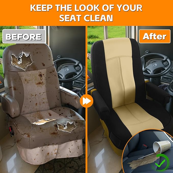 RV Seat Covers Compatible with Motorhome Captain Chairs, Driver & Passenger Leather and Neoprene Fabric Seat Covers, Black and Tan, 2pcs